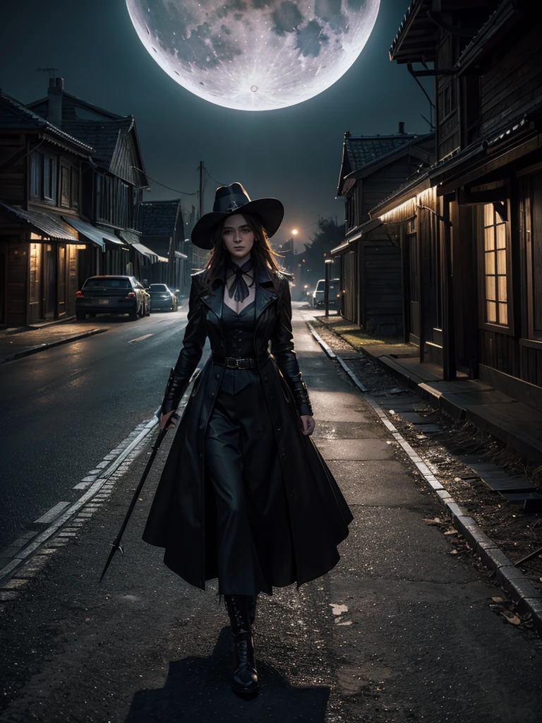A woman bountin hunting, like van Helsing dressed, darker, hunting hat, in a dessert town, at the night, creatures on the air, on the houses. HDR, light and shadows, high details, photography style, wide view, not lights ath the night, only moon light. Cinematography style, master piece, cinematic illumination. 

Hyperealismo, cinematic style, Ultra realism, HDR, cinematic lighting, unity rendering, high detail, 4k resolution, vfx effects.