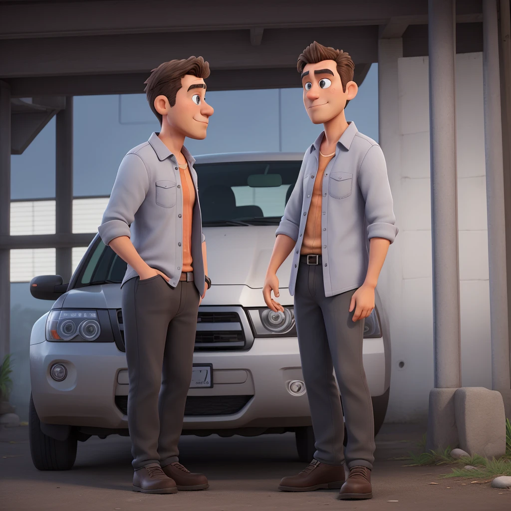 Create a digital painting illusion for a profile picture where a man standing and looking his own white car mitsubishi Pajero sport , front and side of the car, car logo must be visible. Man looking towards the car, full picture of the car and person.