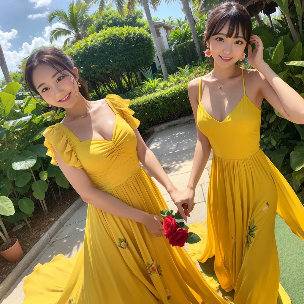 Wearing a yellow dress、A woman enjoying vacation at a tropical resort。With a red rose in my hand。