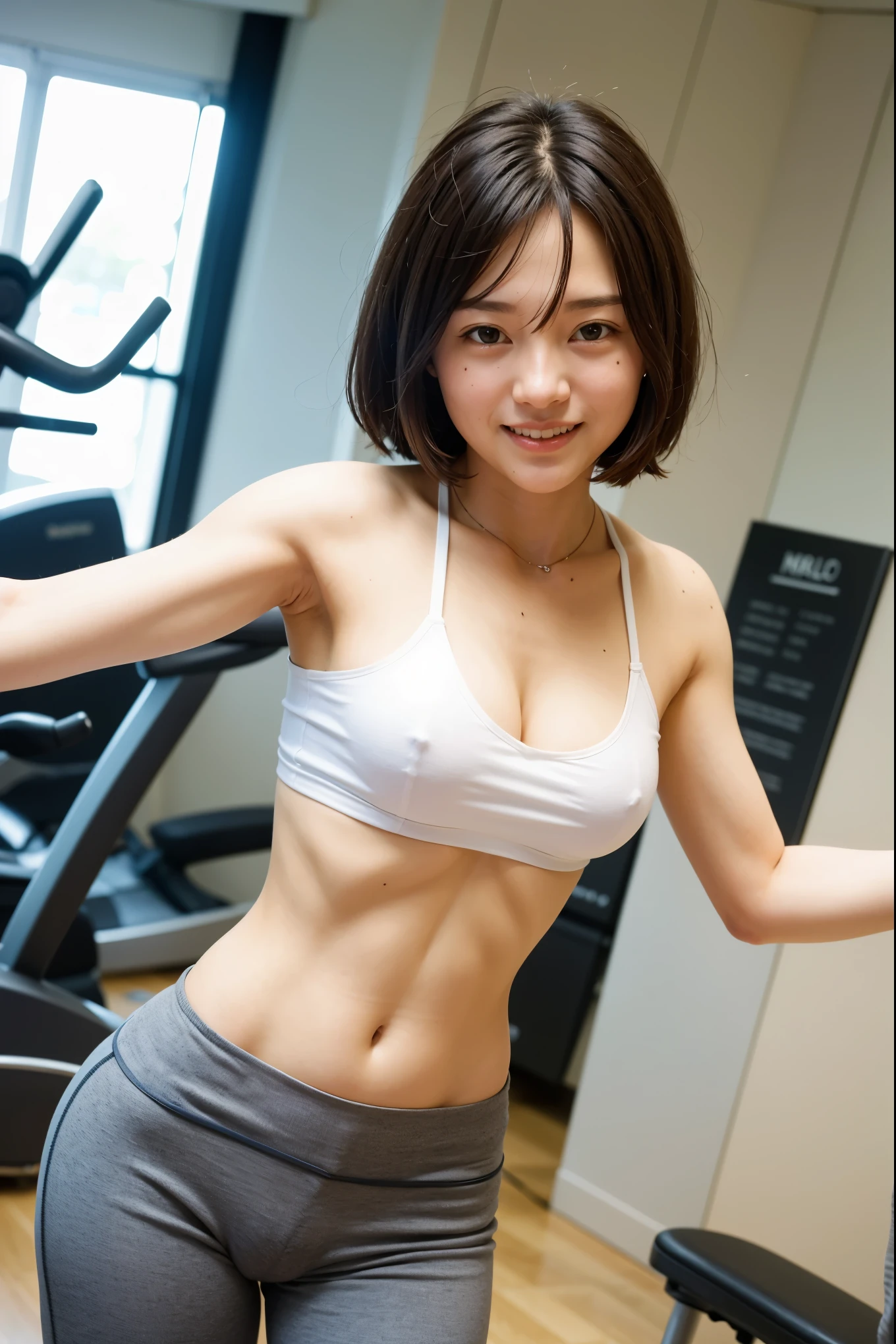 ((Highest quality, 8K, masterpiece: 1.3)), One Girl, Standing upright at the gym, Wearing plain short tight pants, Brown Hair, Very Short Hair、Tied Hair、Bright fitness gym、（Large fitness room:1.6）、Large windows、Large space、Many people々、Standard body type、D cup breasts、（smile:1.6）、Morning Scenery