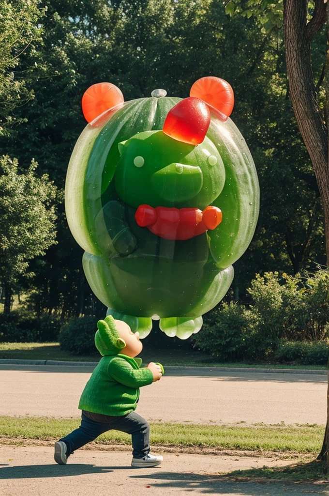 Angry gummy bear chasing person with cucumber in hand