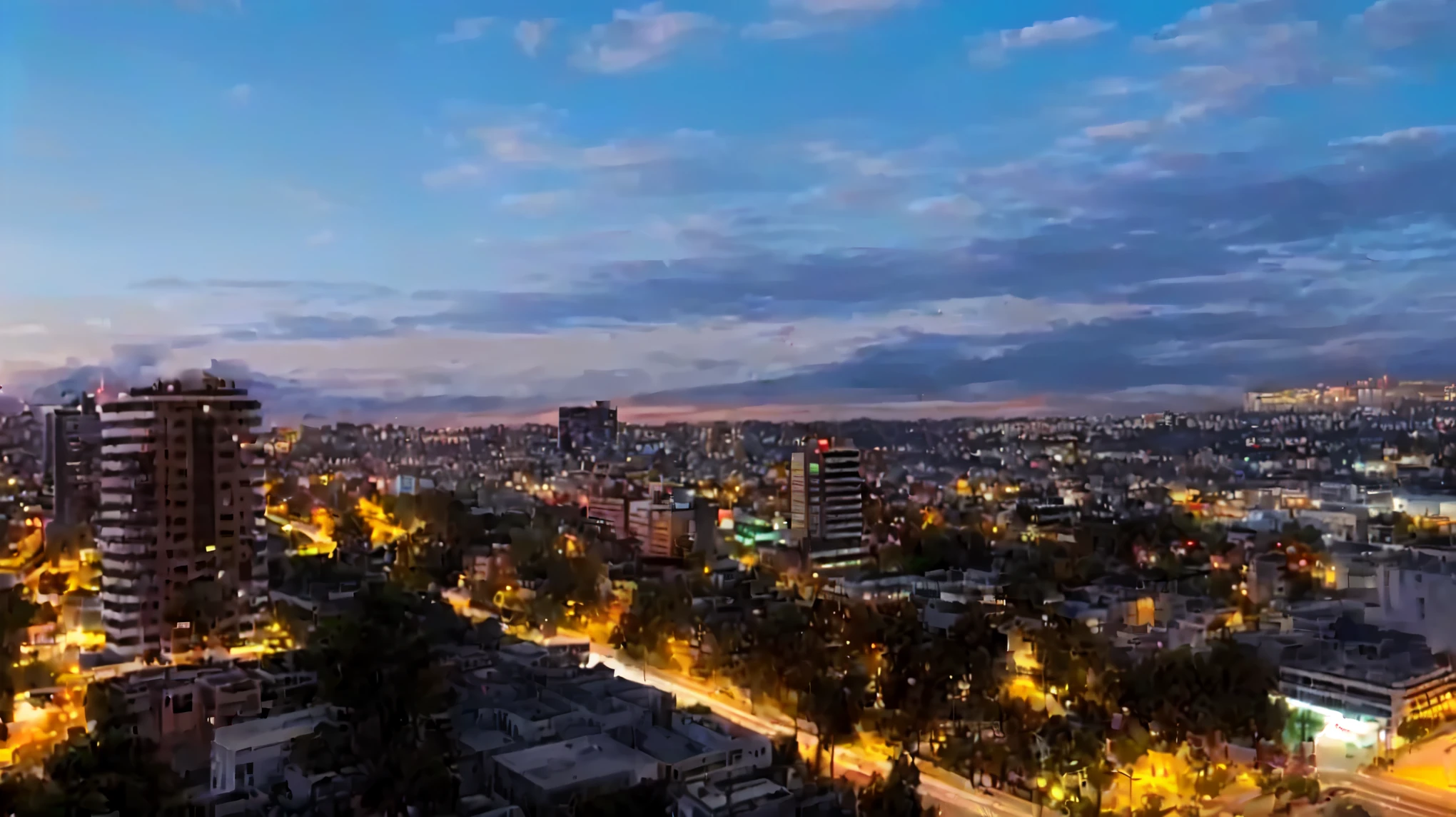 arafed vista of a city at evening with a few buildings, by Alejandro Obregón, (evening), evening, Mexico City, Chile, instagram post, central mexico, vista, evening time, at evening, sharp detail, view of a city at sunset, by Matteo Pérez, Andes, city vista, City panorama, evening shot. anime, version anime