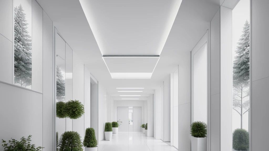 there is a long hallway with a lot of windows and trees, hallway landscape, all white render, infinite hallway, white minimalist architecture, tall entry, inside a tall vetical room, well lit 3 d render, indoor liminal space, liminal space hallway, commercial lighting, corridor, white ceiling, minimalistic and beautiful, white building, crisp smooth clean lines