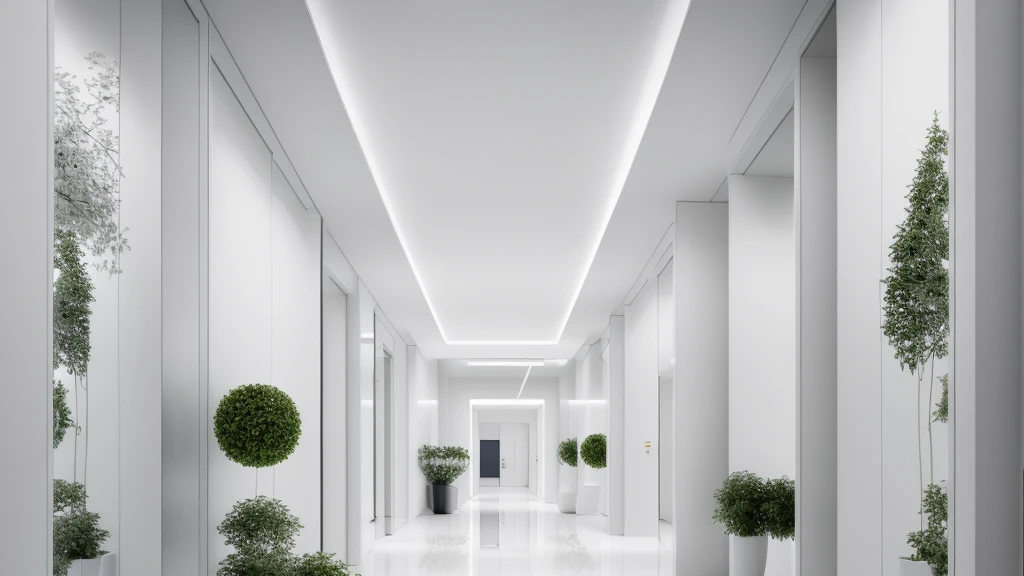 there is a long hallway with a lot of windows and trees, hallway landscape, all white render, infinite hallway, white minimalist architecture, tall entry, inside a tall vetical room, well lit 3 d render, indoor liminal space, liminal space hallway, commercial lighting, corridor, white ceiling, minimalistic and beautiful, white building, crisp smooth clean lines