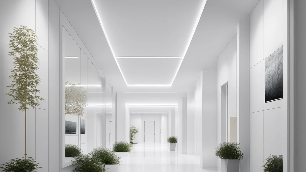 there is a long hallway with a lot of windows and trees, hallway landscape, all white render, infinite hallway, white minimalist architecture, tall entry, inside a tall vetical room, well lit 3 d render, indoor liminal space, liminal space hallway, commercial lighting, corridor, white ceiling, minimalistic and beautiful, white building, crisp smooth clean lines