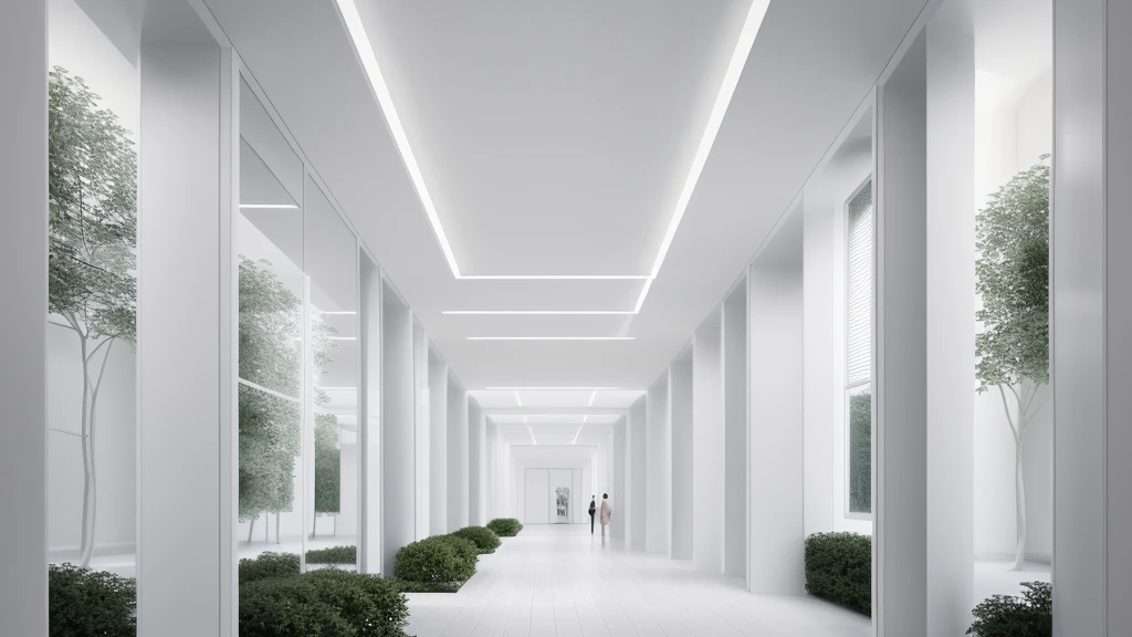 there is a long hallway with a lot of windows and trees, hallway landscape, all white render, infinite hallway, white minimalist architecture, tall entry, inside a tall vetical room, well lit 3 d render, indoor liminal space, liminal space hallway, commercial lighting, corridor, white ceiling, minimalistic and beautiful, white building, crisp smooth clean lines