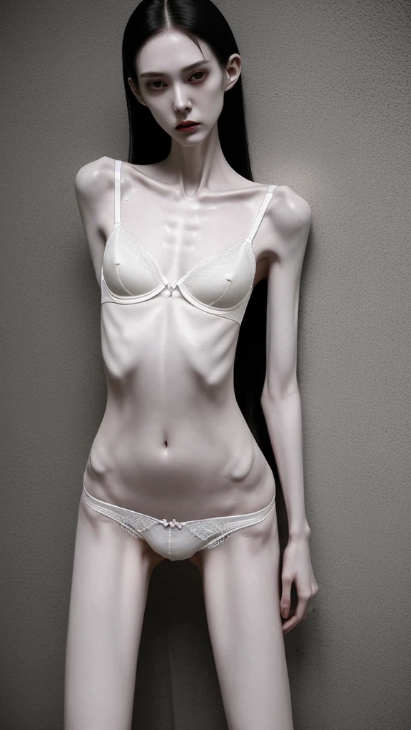a woman, very thin body, body visible bones, very slender, pale white skin, panties, bra,tatto, full body, has a mental breakdown in an underground prison, sweaty weat body