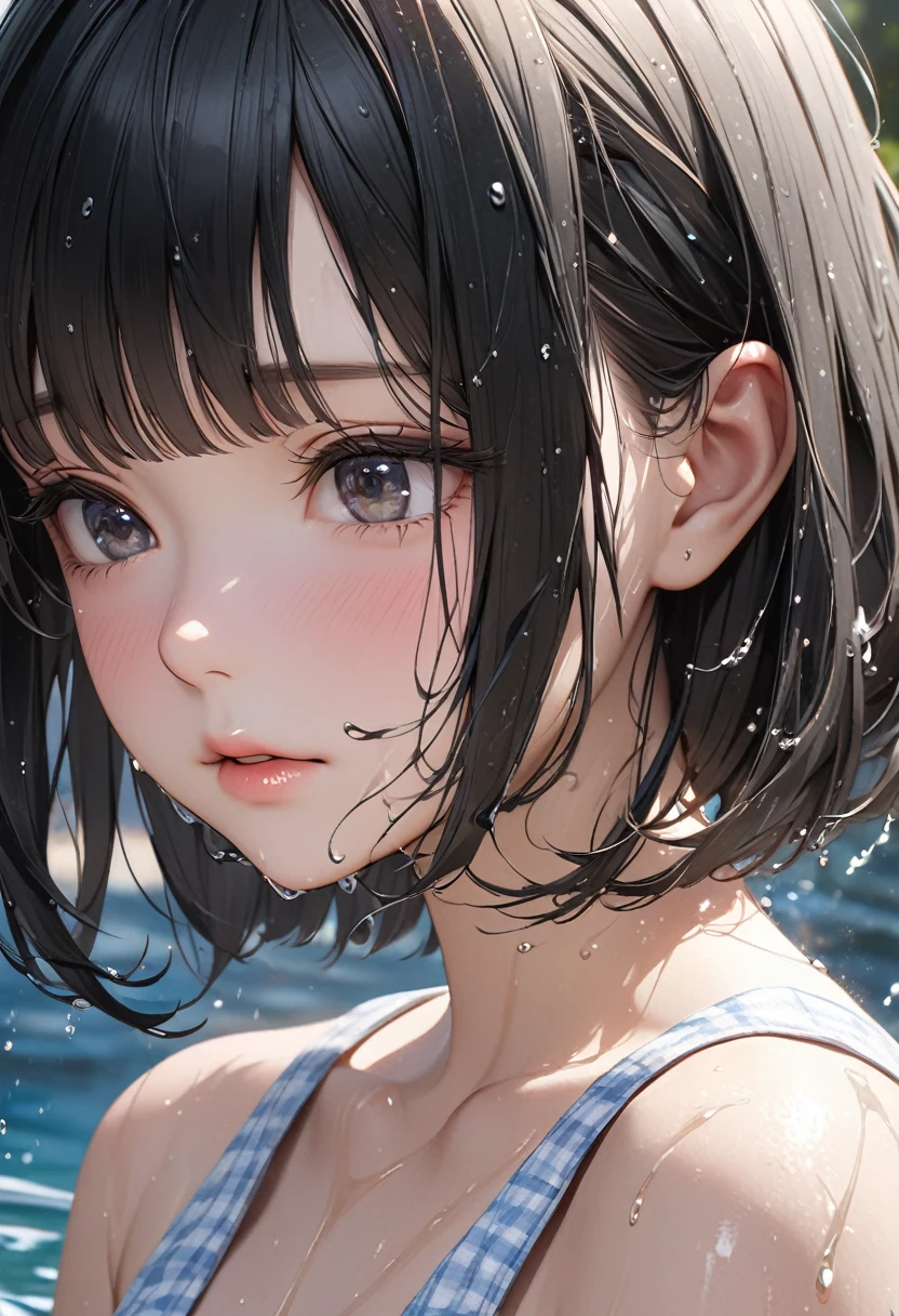 RAW Photos:1.2, masterpiece, Highest quality, 16K, Unbelievably absurd, Very detailed, Perfect beauty, Beautiful cute girl, Bangs,Jet black bob cut, Close-up eyes, Looking down, Wet Hair, Splash, Sundress, Ultra-realistic:1.8
