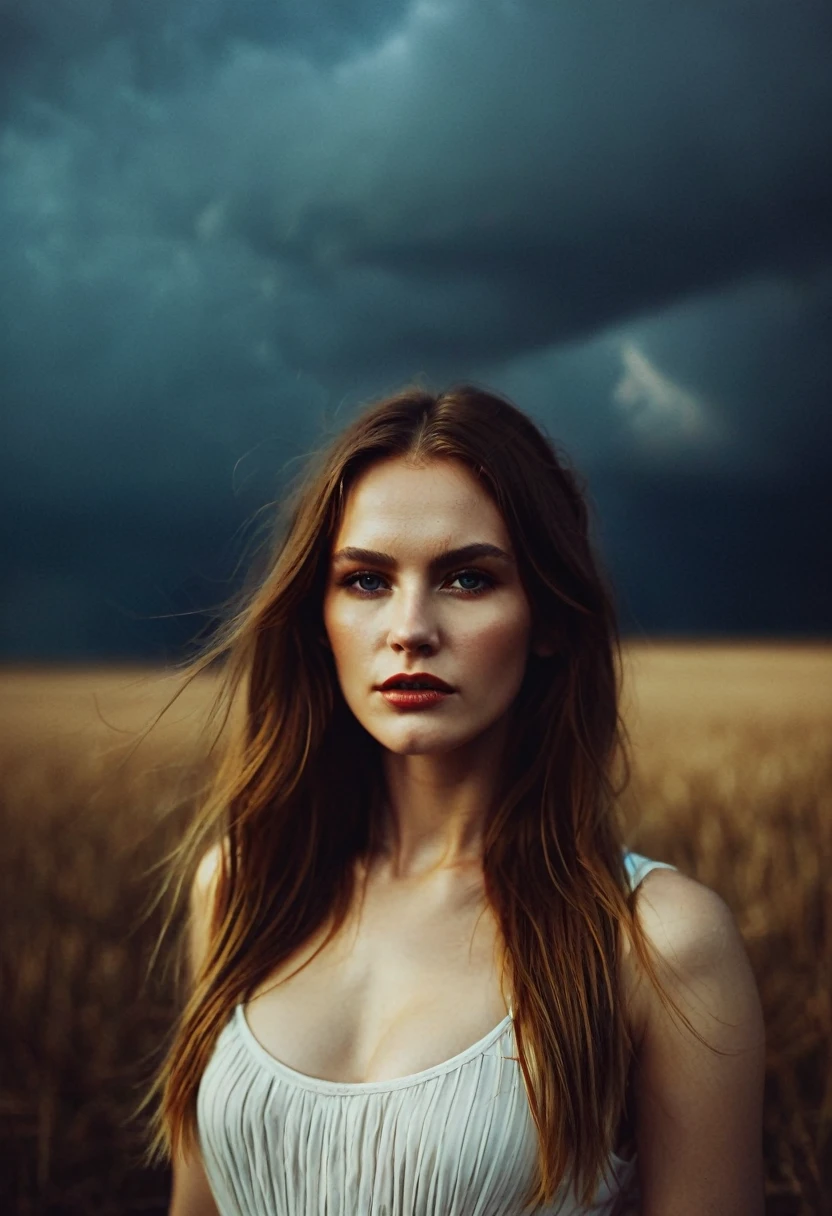 professional photograph the photo was shot on a Sony Alpha a7R IV camera and a Sony FE 85mm f/1.8 lens, aperture f/1.8, shutter speed 1/125s, ISO 800. (michale kors photo by Guy Aroch:1.2), beautiful evil slavic woman, pale skin, long hair, An evocative and moody depiction of full length view of wide angle shot at 25 years old [Into The Storm],