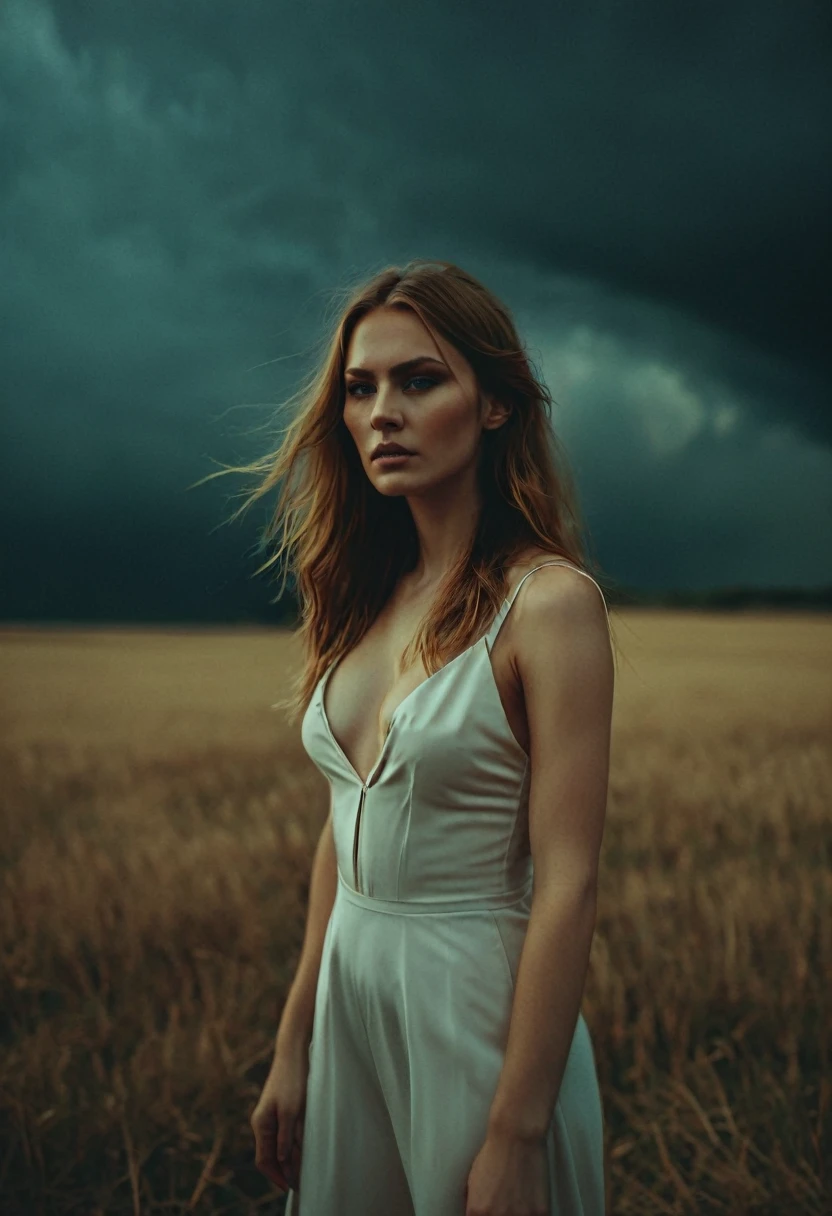professional photograph the photo was shot on a Sony Alpha a7R IV camera and a Sony FE 85mm f/1.8 lens, aperture f/1.8, shutter speed 1/125s, ISO 800. (michale kors photo by Guy Aroch:1.2), beautiful evil slavic woman, pale skin, long hair, An evocative and moody depiction of full length view of wide angle shot at 25 years old [Into The Storm],