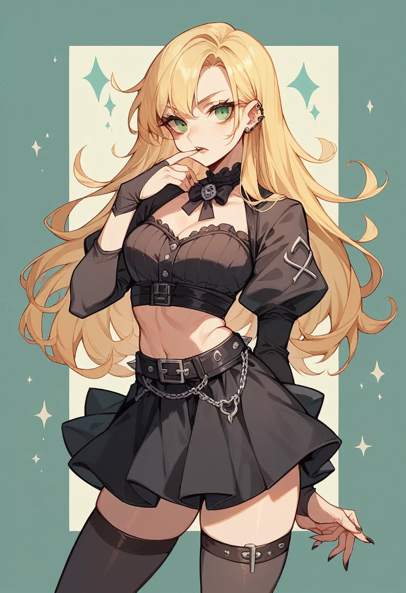 A 10 year old with long blonde hair and green eyes, Alone showing off in a Gothic-style photo, in with mini skirt.