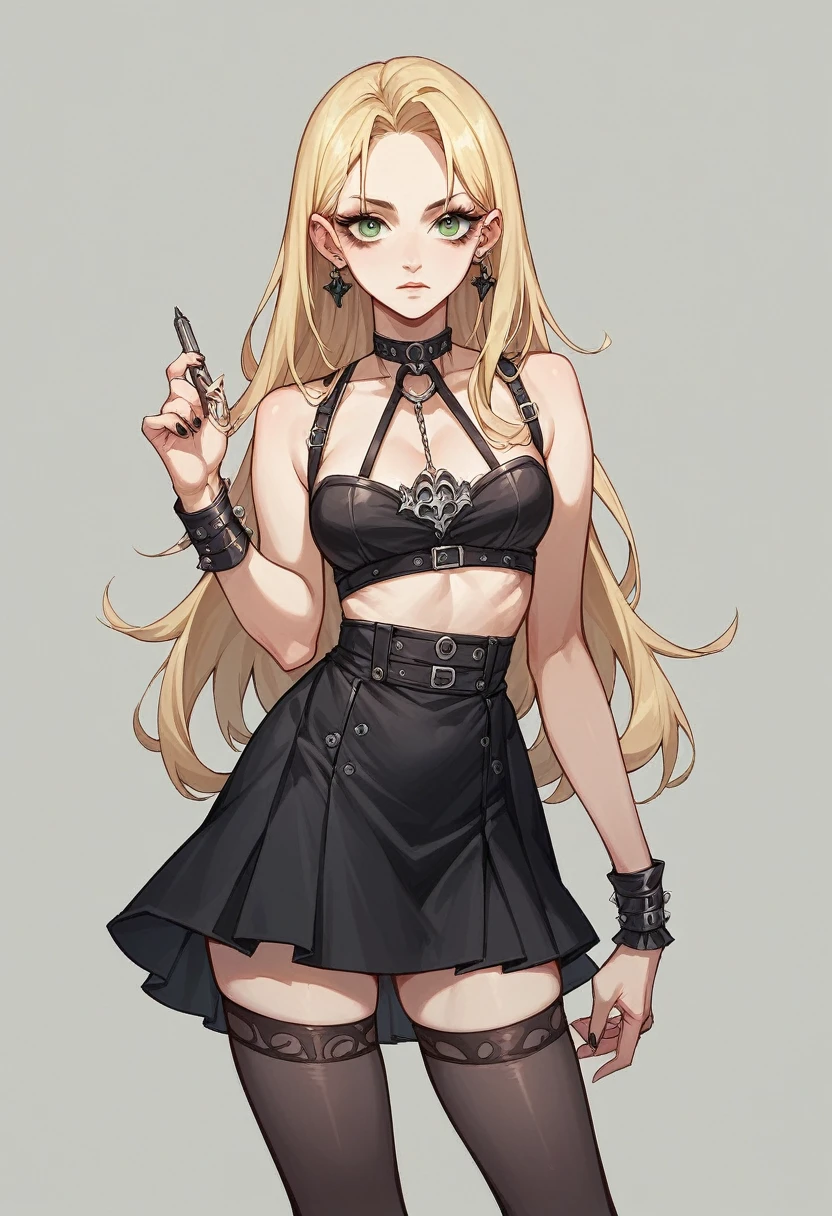 A  with long blonde hair and green eyes, Alone showing off in a Gothic-style photo, in  with mini skirt.