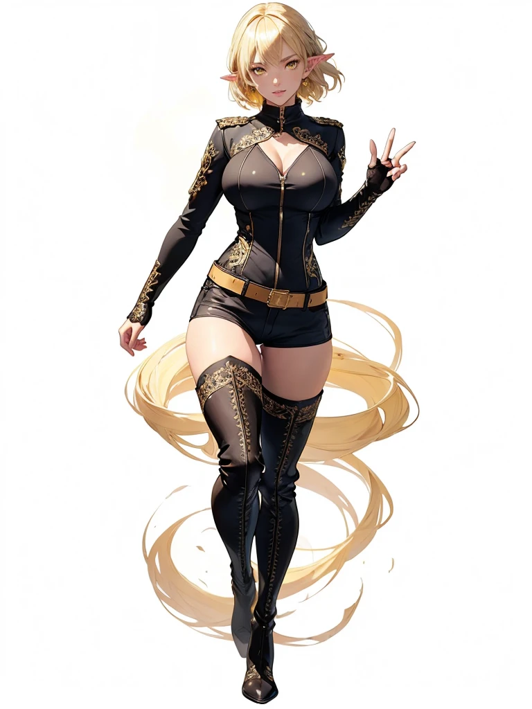 ((1girl, solo)), (full body:1.5), dark elf, dark-skinned female, (((pointy ears))), beautiful body, (perfect anatomy, perfect body, perfect hands, perfect legs), (five fingers:1.5), natural proportions, sexy body, large breasts, cowboy shot BREAK
((extremely detailed face)), (beautiful detailed eyes:1.6), (realistic pupils, realistic iris:1), expressive eyes, looking at viewer, (clear eyes:1.3), (hyperrealistic:1.2), (detailed skin texture:1.2), smooth skin, (yellow eyes:1.5), (blonde hair:1.5), (short hair:1.3), bangs, (detailed lips:1.2), (attractive lips:1.1), (glossy lips:1.1), (smile), parted lips, perfect face, perfect eyes BREAK
((black shirt)), long sleeves, ((white sleeves)), (skin tight:1.5), gold trimmed, fingerless gloves, black shorts, short shorts, fur trimmed shorts, belt, thighs, ass visible through thighs, black footwear, (thigh boots:1.5) BREAK
(masterpiece:1.5), anime-style, top quality, best quality, (beautiful and aesthetic:1.2), (ultra detail:1.5), Ultra-detailed depiction, Ultra-precise depiction, extremely detailed 8k illustration, high resolution, (highly detailed shading:1.2), (realistic lighting:1.4), perfect lighting, vibrant colors, dynamic tones, striking hues, 8k, absurd resolution, perfect shadows, hdr, UHD, ambient lighting, realistic, ultra-realistic, photo realistic, highly detailed, rich detail, luminous colors, fine texture, intricate design, professional illustration, (soft light:1.2), (illustration:0.7)
