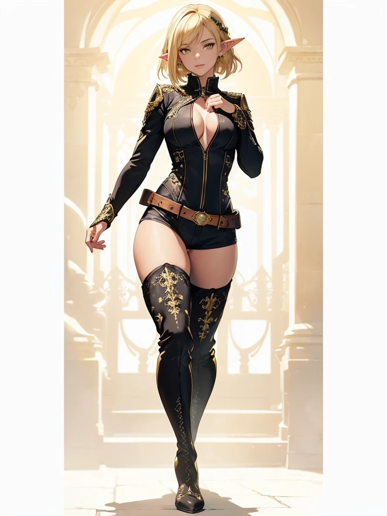 ((1girl, solo)), (full body:1.5), dark elf, dark-skinned female, (((pointy ears))), beautiful body, (perfect anatomy, perfect body, perfect hands, perfect legs), (five fingers:1.5), natural proportions, sexy body, large breasts, cowboy shot BREAK
((extremely detailed face)), (beautiful detailed eyes:1.6), (realistic pupils, realistic iris:1), expressive eyes, looking at viewer, (clear eyes:1.3), (hyperrealistic:1.2), (detailed skin texture:1.2), smooth skin, (yellow eyes:1.5), (blonde hair:1.5), (short hair:1.3), bangs, (detailed lips:1.2), (attractive lips:1.1), (glossy lips:1.1), (smile), parted lips, perfect face, perfect eyes BREAK
((black shirt)), long sleeves, ((white sleeves)), (skin tight:1.5), gold trimmed, fingerless gloves, black shorts, short shorts, fur trimmed shorts, belt, thighs, ass visible through thighs, black footwear, (thigh boots:1.5) BREAK
(masterpiece:1.5), anime-style, top quality, best quality, (beautiful and aesthetic:1.2), (ultra detail:1.5), Ultra-detailed depiction, Ultra-precise depiction, extremely detailed 8k illustration, high resolution, (highly detailed shading:1.2), (realistic lighting:1.4), perfect lighting, vibrant colors, dynamic tones, striking hues, 8k, absurd resolution, perfect shadows, hdr, UHD, ambient lighting, realistic, ultra-realistic, photo realistic, highly detailed, rich detail, luminous colors, fine texture, intricate design, professional illustration, (soft light:1.2), (illustration:0.7)