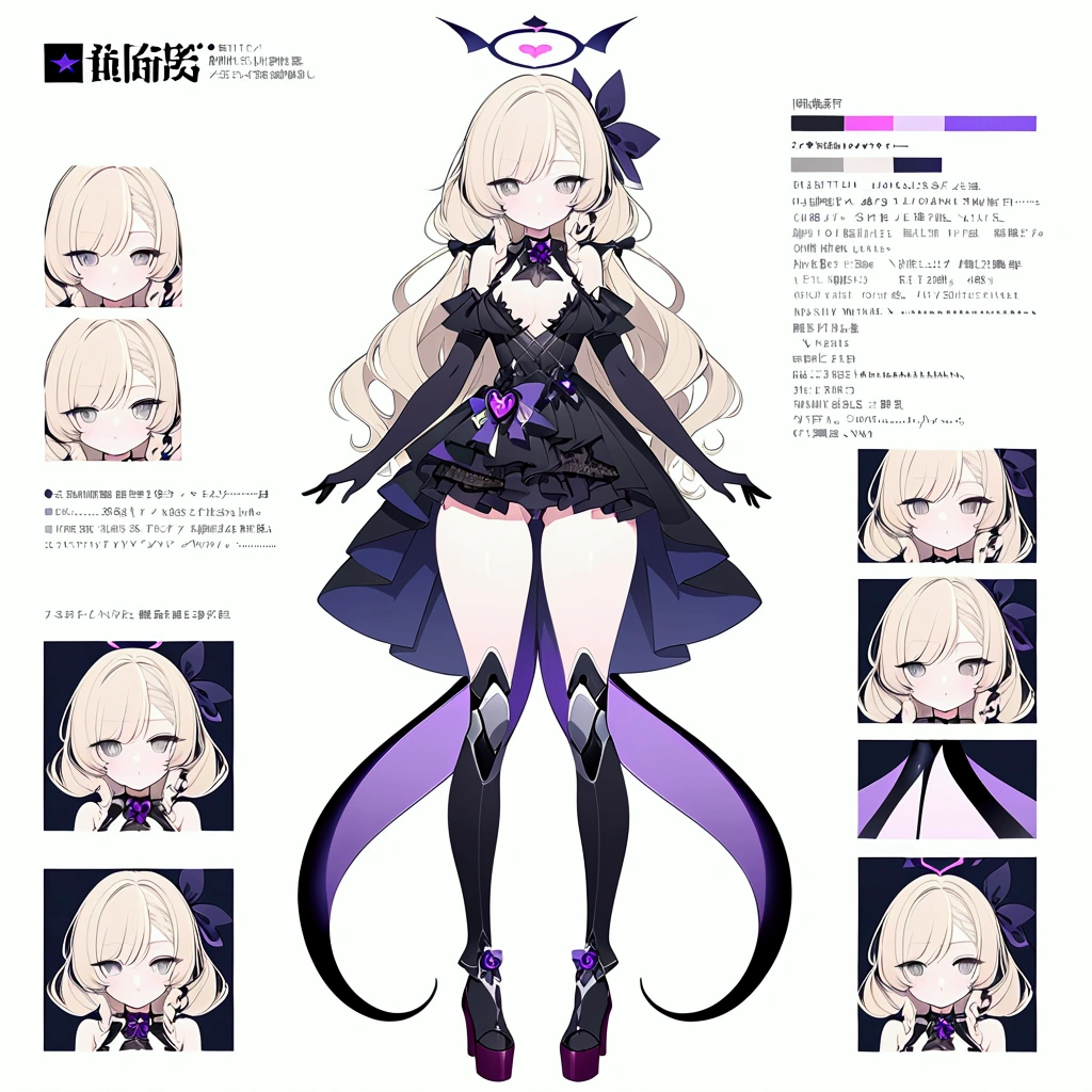 Woman 170cm tall, medium chest, wide hip, slim build. (((character design sheet: Full body front view))). (blonde hair, (hip-length wavy hair with asymmetrical bangs), She has a short braid tied with an elegant purple bow on the left side of her hair above her chest. She has a short braid tied with an elegant purple bow on the right side of her hair above her chest. She has small ribbons in the back of her hair.). ((Gray eyes with a pink 4-pointed star in the pupil)). Two black and purple serval ears located on the top of the head. Luminous black halo with purple star patterns above his head. black necklace with a heart emblem on the neck. (Elegant one-piece long dress with lace and ruffle skirt, ribbon decorations and star patterns on the dress). black gloves, beautiful black platform heels. gray belt at the waist with a large ribbon with a luminous pink heart in the middle. (Complex succubus tail with a small purple star at the tip). ((complex mechanical legs that reach up to the thighs and are black with small purple details)). beautiful detailed hair, beautiful detailed dress. extremely detailed arms. extremely detailed face, small face, Beautiful detailed eyes, beautiful detailed lips. adorable. extremely detailed legs. (Best Quality, 4k, high resolution), ultra detailed, Exquisite and epic character art, ((White background)).