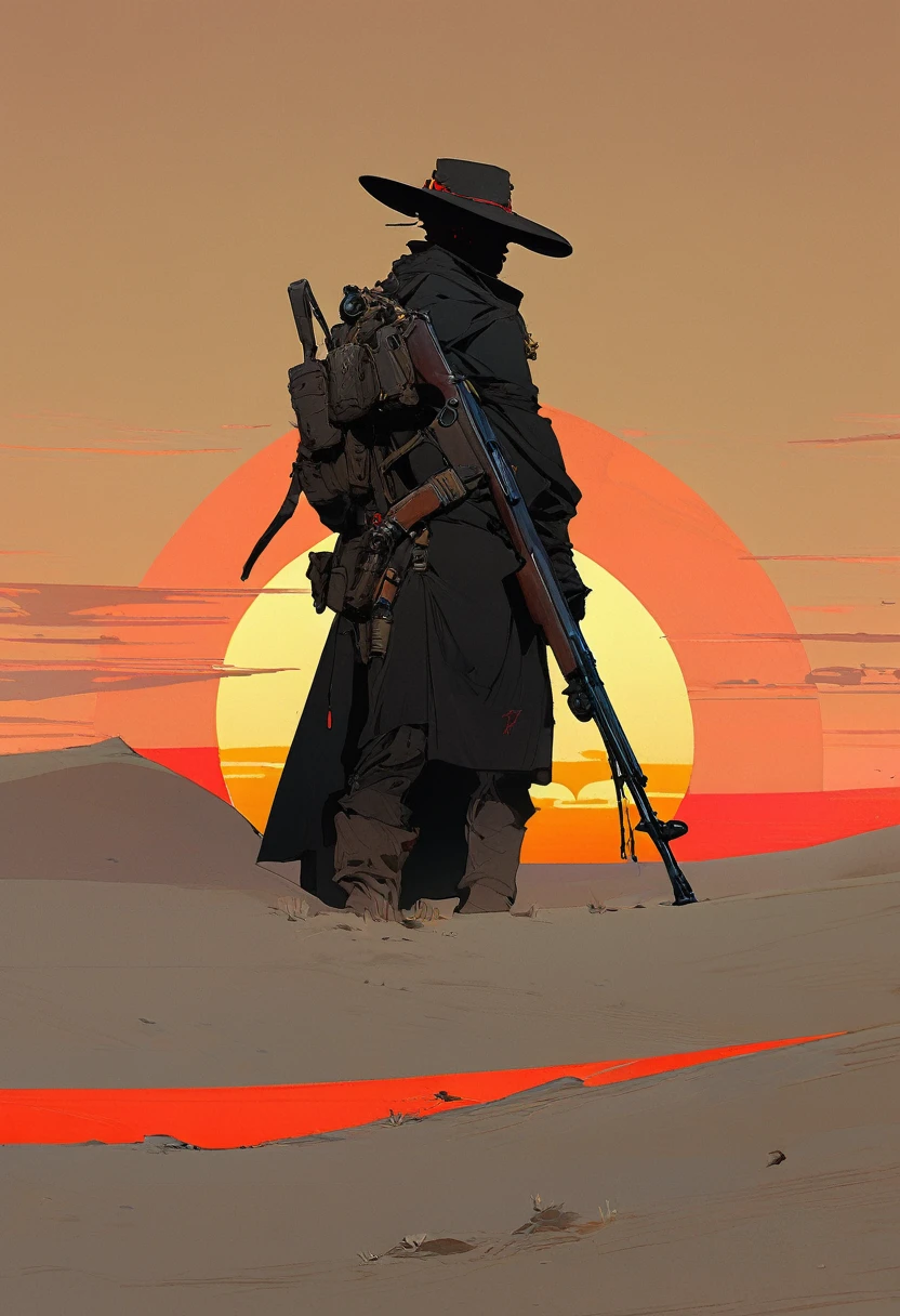 score_9, score_8_up, score_7_up, score_6_up, score_5_up, score_4_up, 1man, Western, gunslinger, Desert, red sun, scorching sun, arid, silhouette, black clothes, Horizon, far away, Jakub Rebelka style, Eyes shining, old sniper rifle, carabina, Year 1600 AC, Wild West
