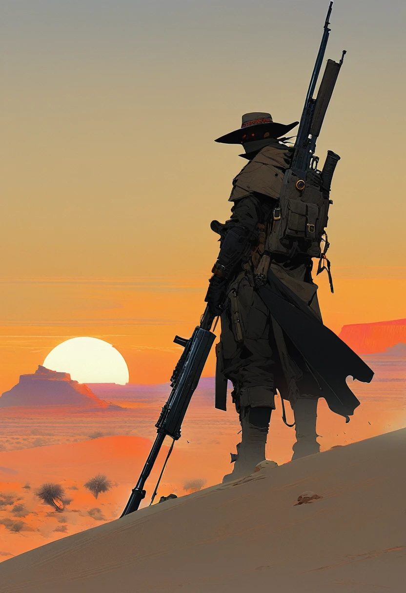 score_9, score_8_up, score_7_up, score_6_up, score_5_up, score_4_up, 1man, Western, gunslinger, Desert, red sun, scorching sun, arid, silhouette, black clothes, Horizon, far away, Jakub Rebelka style, Eyes shining, old sniper rifle, carabina, Year 1600 AC, Wild West