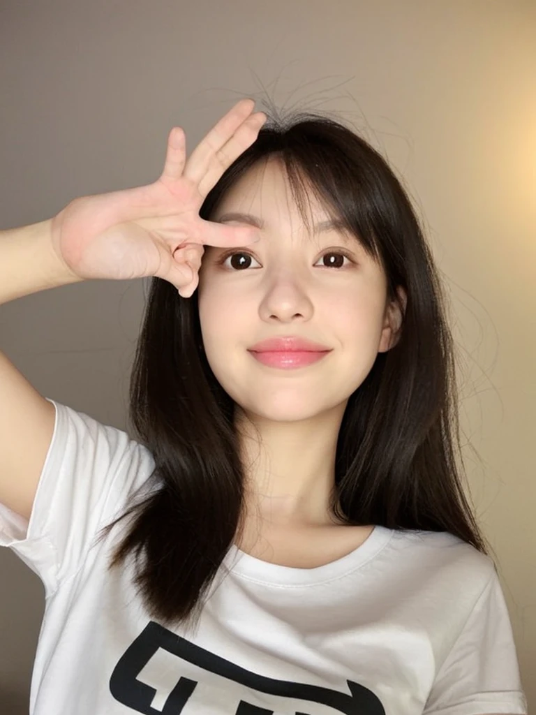 depicts a girl in a 2 finger pose, depicting it realistically in 3D. Big head. A 23 year old girl from Korea. Beautiful face. Oval face shape. Big nose. Oblong chin. The eyes are slightly round. Fair skin. Slight smile. Pink lips. Black hair, slightly brownish. Wearing a t-shirt. Body position is clearly visible. Bedroom background. Use soft photographic lighting with a hair lamp. Edge light. and top lights. Photos with very high detail.