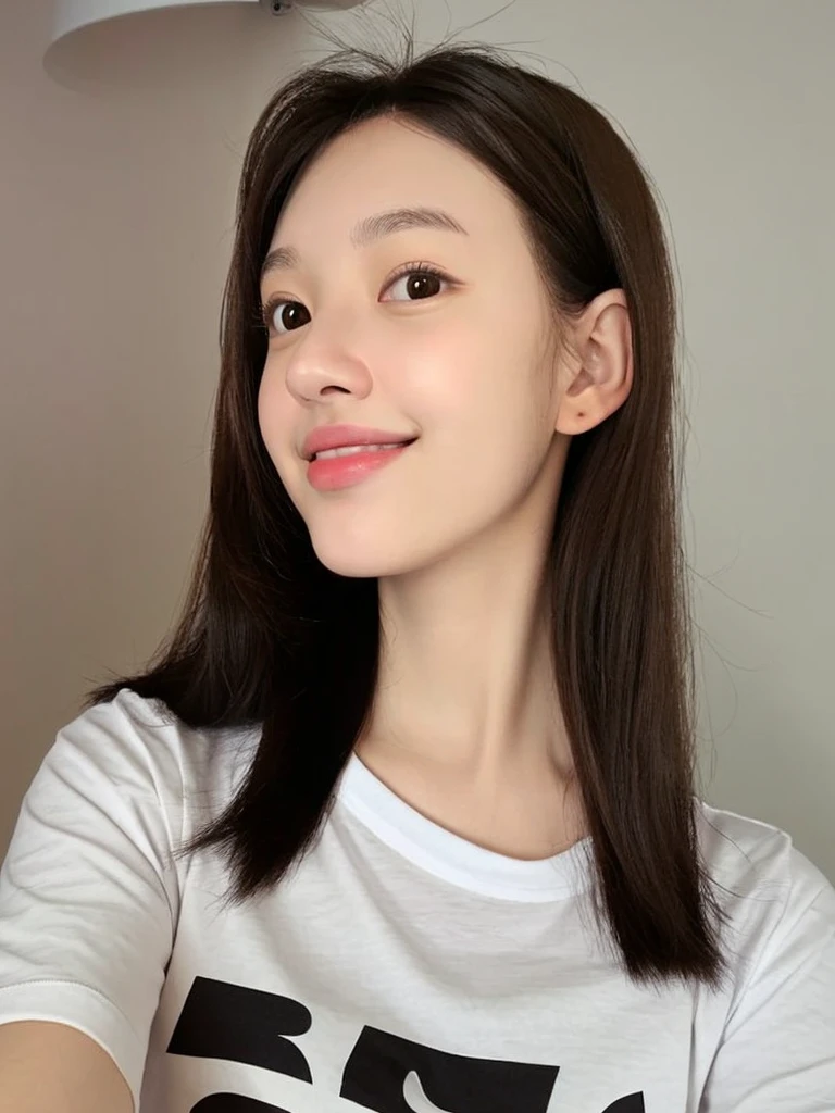 depicts a girl in a 2 finger pose, depicting it realistically in 3D. Big head. A 23 year old girl from Korea. Beautiful face. Oval face shape. Big nose. Oblong chin. The eyes are slightly round. Fair skin. Slight smile. Pink lips. Black hair, slightly brownish. Wearing a t-shirt. Body position is clearly visible. Bedroom background. Use soft photographic lighting with a hair lamp. Edge light. and top lights. Photos with very high detail.