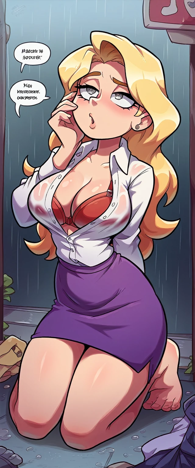 A sexy woman sensual big breast beautiful beautiful attraction long blonde yellow hair her gray eye wears white button down shirt office shows chest red bra and a short purple skirt she cries sad she kneeling feet sorry to young guy she says Spanish text sorry tenchi I was worse come back to me please background raining street