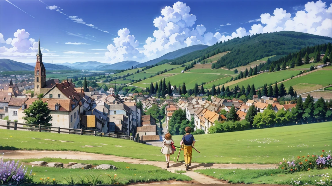 A 16:9 anime-style illustration depicting a boy and a girl standing on a hill, overlooking a vibrant town below. The boy and girl are dressed in casual fantasy attire, with the girl holding a basket of flowers and the boy carrying a wooden staff. The town is full of colorful buildings, winding streets, and bustling with activity. The hill is covered in green grass and wildflowers, and the scene is set under a clear blue sky with a few fluffy clouds. The atmosphere is peaceful and full of wonder.