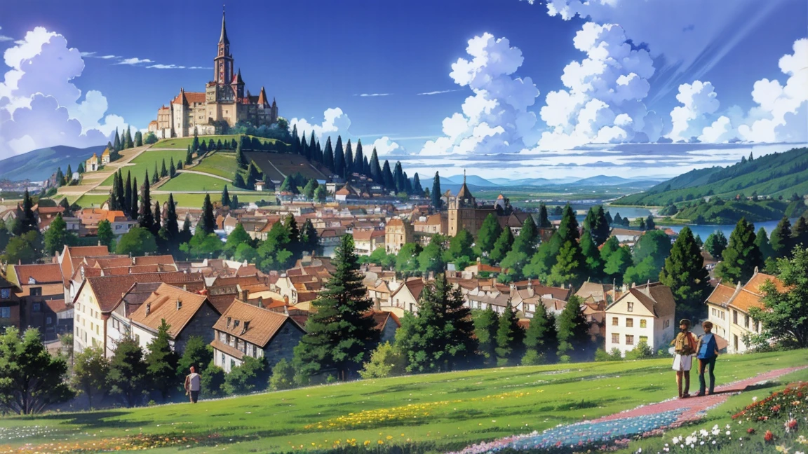 A :9 anime-style illustration depicting a boy and a girl standing on a hill, overlooking a vibrant town below. The boy and girl are dressed in casual fantasy attire, with the girl holding a basket of flowers and the boy carrying a wooden staff. The town is full of colorful buildings, winding streets, and bustling with activity. The hill is covered in green grass and wildflowers, and the scene is set under a clear blue sky with a few fluffy clouds. The atmosphere is peaceful and full of wonder.