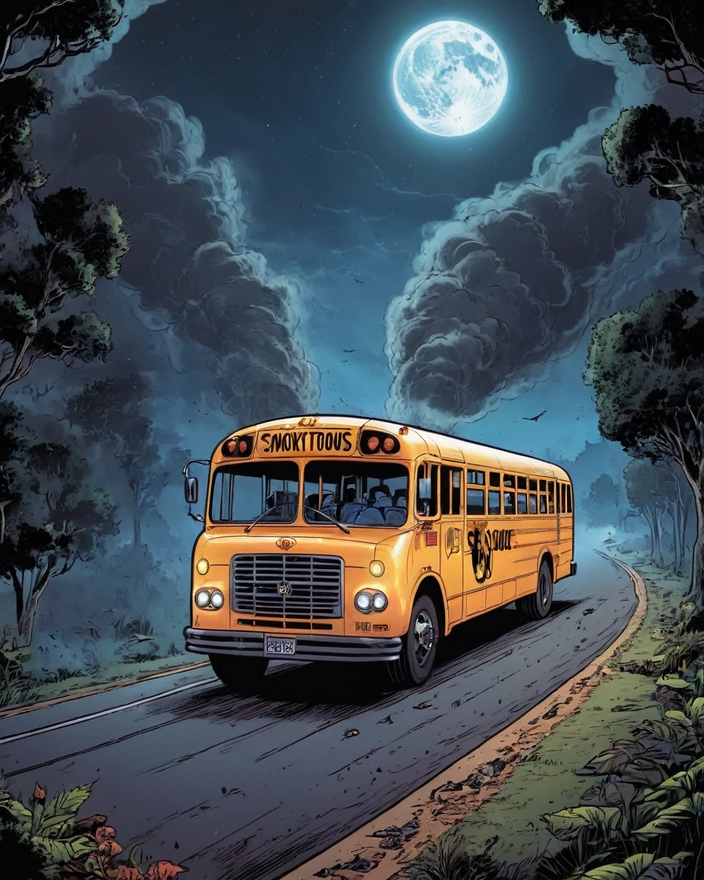 Glowing Bus, Smoky Conditions, in focus, Brocore, Moonlit, 80mm, masterpiece, Pixel_Comics