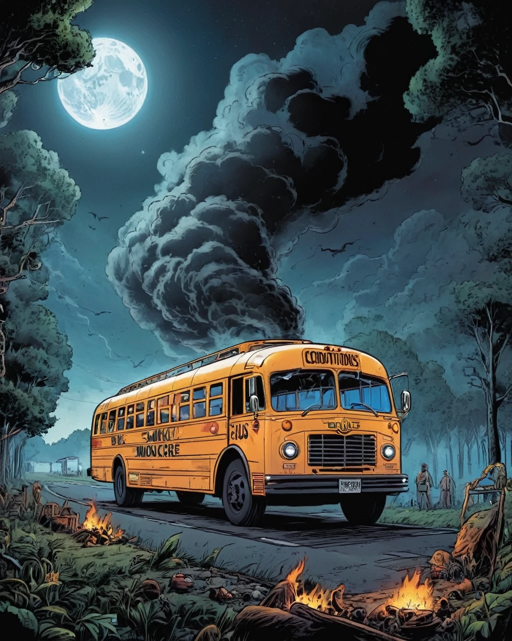 Glowing Bus, Smoky Conditions, in focus, Brocore, Moonlit, 80mm, masterpiece, Pixel_Comics