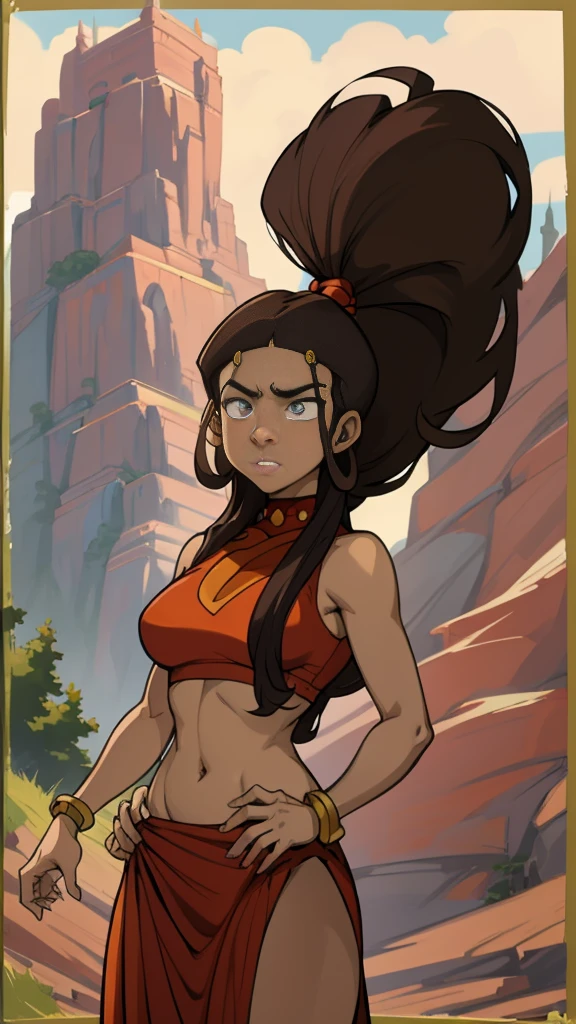 masterpiece, best quality, highres, highest quality, absurdres, kataras3, dark skin, traditional media, (painting \(medium\)), bracelet, long hair, brown hair, crop top, midriff, navel, sharp expressive eyes, perfect face, wide hips, thick lineart, atmospheric lighting, smooth, beautifully detailed riverbank background, cinematic composition, Joe Madureira,  red clothing, 