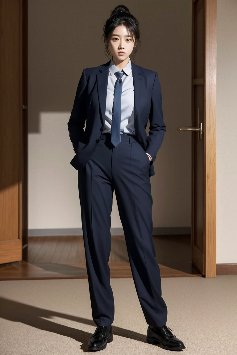A female detective is wearing a suit and pants。Tied up and tortured。