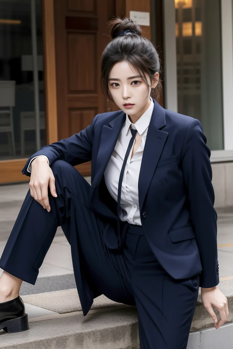 A female detective is wearing a suit and pants。Tied up and tortured。