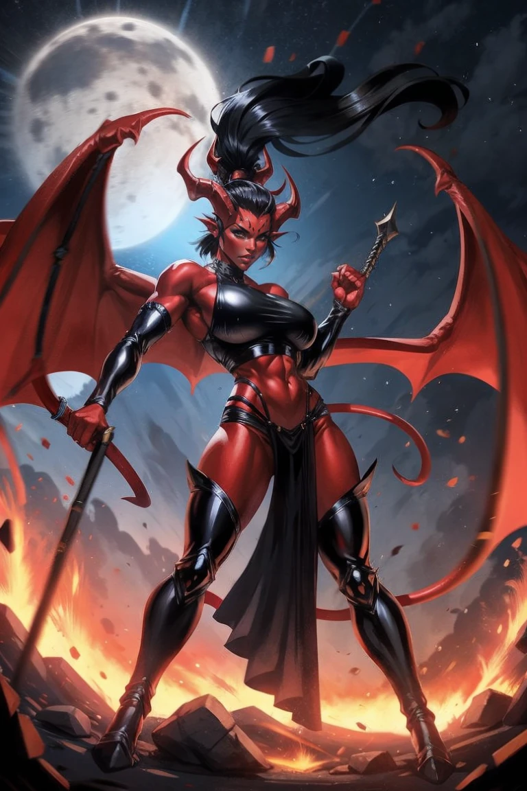Red skin succubus tiefling, digitigrade legs, full breasts, medium breasts, black horns, wings, huge tail, black leather, crop top, long flowing pelvic curtain, tall, toned, graceful, thin, long black ponytail. Action scene, whip. Dark scene, explosions, night sky.