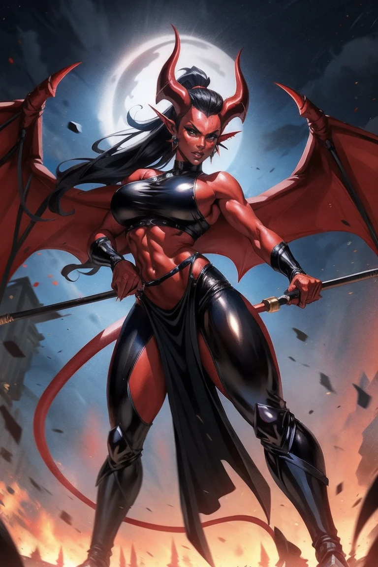 Red skin succubus tiefling, digitigrade legs, full breasts, medium breasts, black horns, wings, huge tail, black leather, crop top, long flowing pelvic curtain, tall, toned, graceful, thin, long black ponytail. Action scene, whip. Dark scene, explosions, night sky.