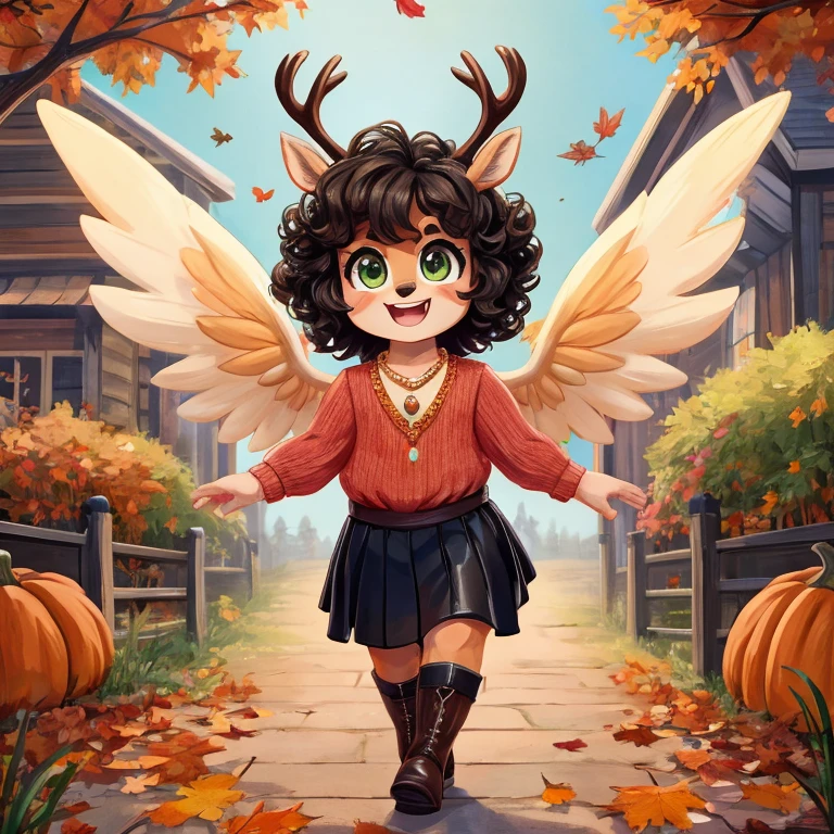 Cute, deer boy, small deer antlers, innocent, chubby, fat, big thighs, androgynous, femboy, short curly hair, black hair, fawn spots, freakles, ((cute)), smiling, wearing cottage core outfit, pastel color scheme, young, cartoony, adorable, deer tail, moss green eyes, angel wings, dynamic pose, excited pose, energetic pose, happy pose, autumn, fallen leaves, autumn colors, walking through an open mall during autumn, pumpkins, orange leaves, Halloween decorations, Wearing a soft, oversized cardigan in a cream or taupe shade with a midi skirt with an autumnal print like leaves or plaids and knee-high boots in a dark leather along with a delicate gold necklace and a leather belt to cinch the waist