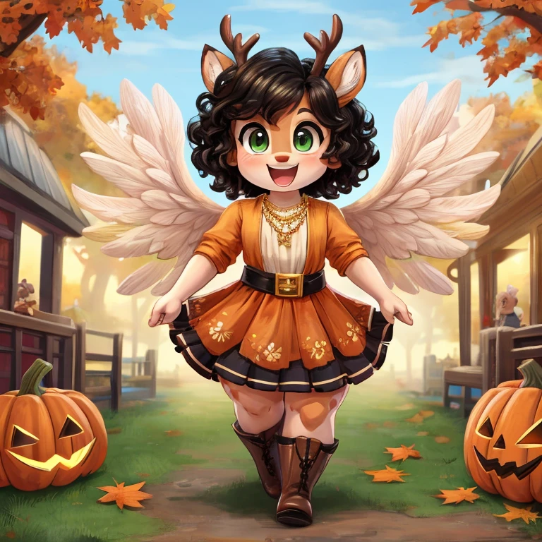 Cute, deer boy, small deer antlers, innocent, chubby, fat, big thighs, androgynous, femboy, short curly hair, black hair, fawn spots, freakles, ((cute)), smiling, wearing cottage core outfit, pastel color scheme, young, cartoony, adorable, deer tail, moss green eyes, angel wings, dynamic pose, excited pose, energetic pose, happy pose, autumn, fallen leaves, autumn colors, walking through an open mall during autumn, pumpkins, orange leaves, Halloween decorations, Wearing a soft, oversized cardigan in a cream or taupe shade with a midi skirt with an autumnal print like leaves or plaids and knee-high boots in a dark leather along with a delicate gold necklace and a leather belt to cinch the waist