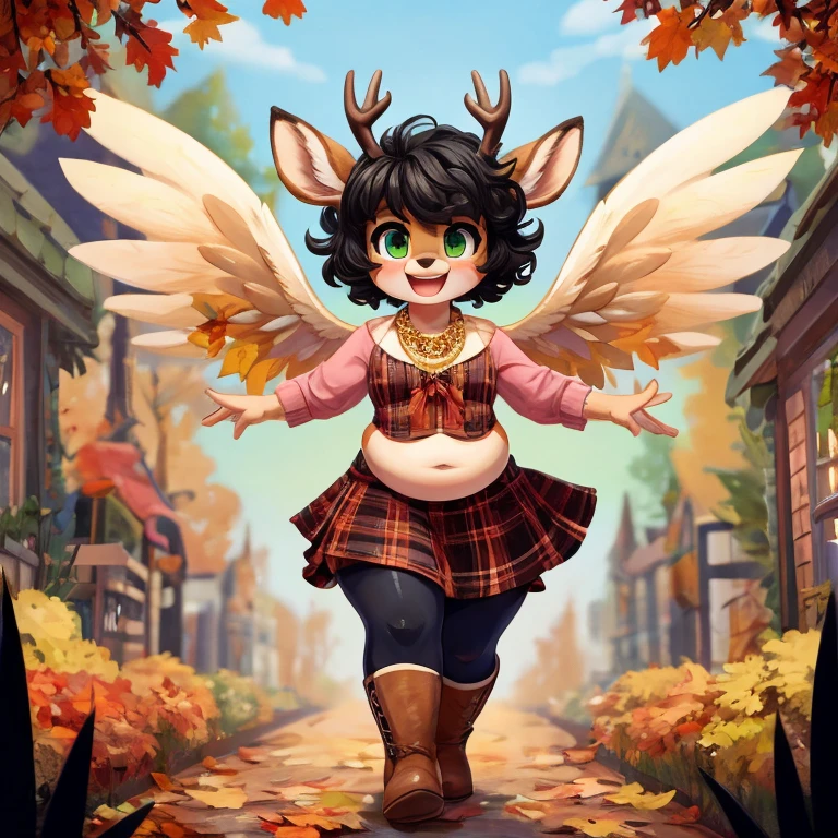 Cute, deer boy, small deer antlers, innocent, chubby, fat, big thighs, androgynous, femboy, short curly hair, black hair, fawn spots, freakles, ((cute)), smiling, wearing cottage core outfit, pastel color scheme, young, cartoony, adorable, deer tail, moss green eyes, angel wings, dynamic pose, excited pose, energetic pose, happy pose, autumn, fallen leaves, autumn colors, walking through an open mall during autumn, pumpkins, orange leaves, Halloween decorations, Wearing a soft, oversized cardigan in a cream or taupe shade with a midi skirt with an autumnal print like leaves or plaids and knee-high boots in a dark leather along with a delicate gold necklace and a leather belt to cinch the waist