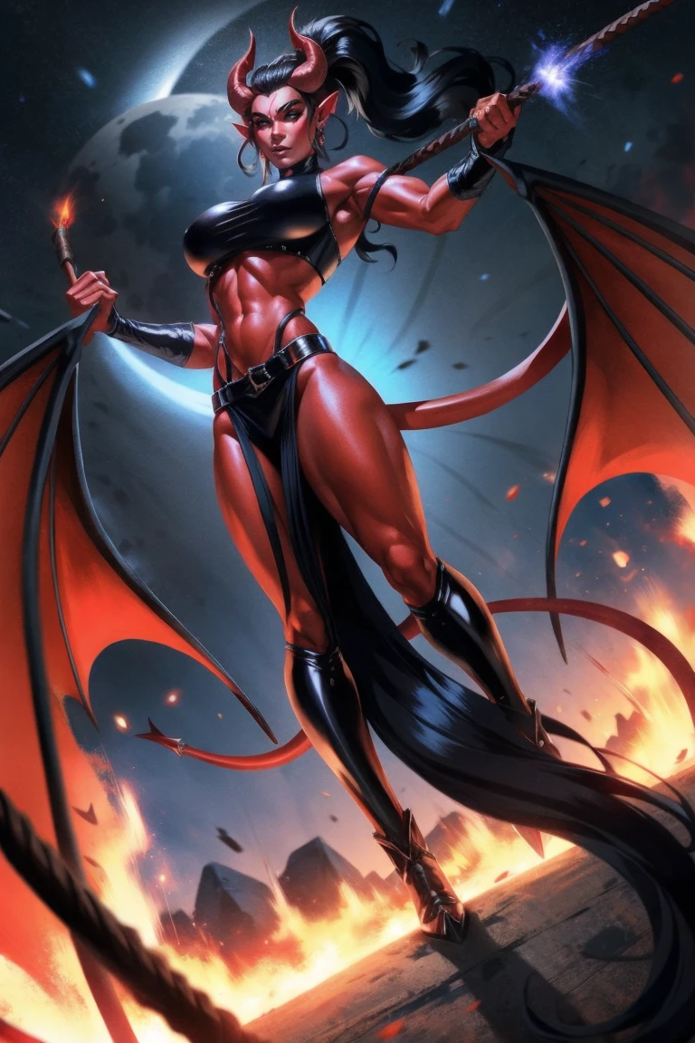 Red skin succubus tiefling, medium breasts, black horns, wings, huge tail, black leather, crop top, long flowing pelvic curtain, tall, toned, graceful, thin, long black ponytail. Action scene, whip. Dark scene, explosions, night sky.