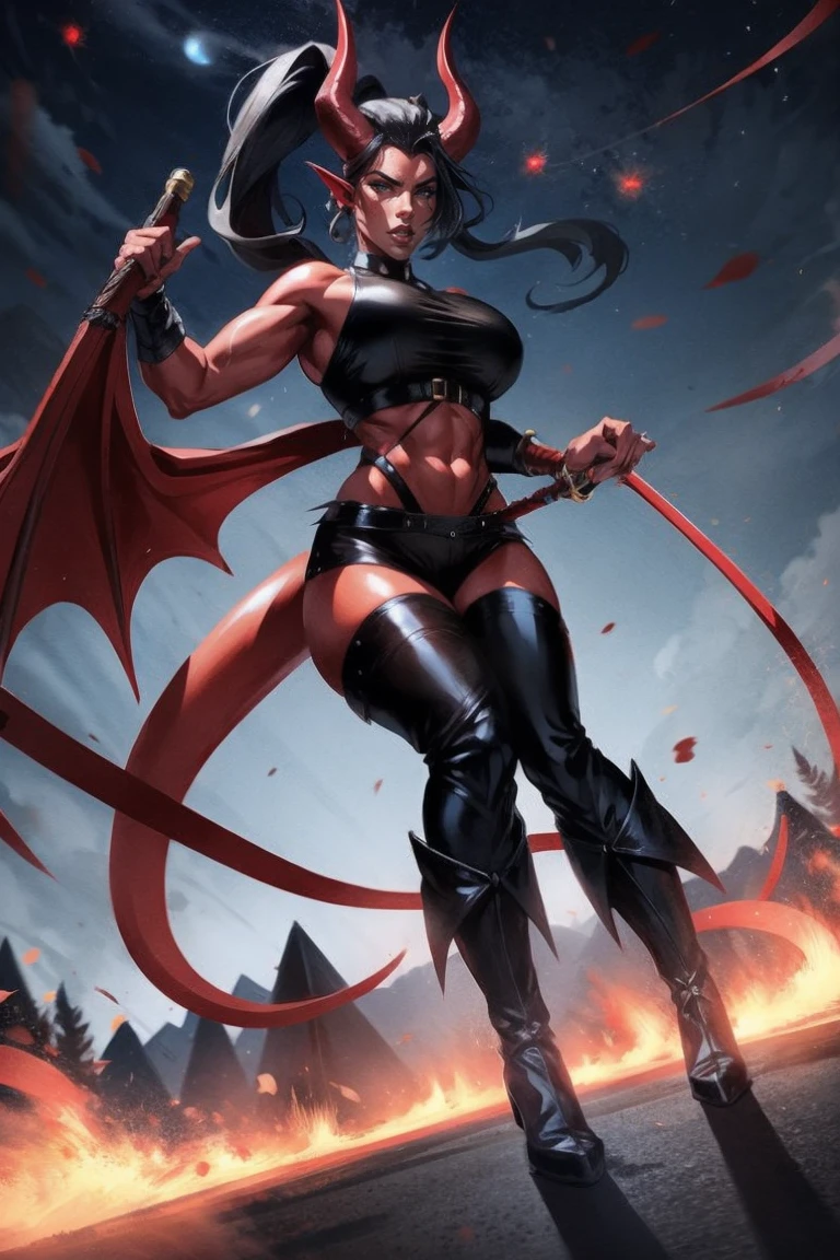 Red skin succubus tiefling, medium breasts, black horns, wings, huge tail, black leather, crop top, long flowing pelvic curtain, tall, toned, graceful, thin, long black ponytail. Action scene, whip. Dark scene, explosions, night sky.