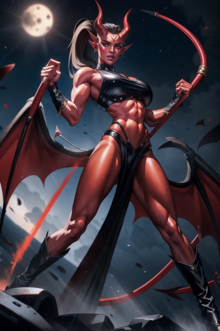 Red skin succubus tiefling, medium breasts, black horns, wings, huge tail, black leather, crop top, long flowing pelvic curtain, tall, toned, graceful, thin, long black ponytail. Action scene, whip. Dark scene, explosions, night sky.