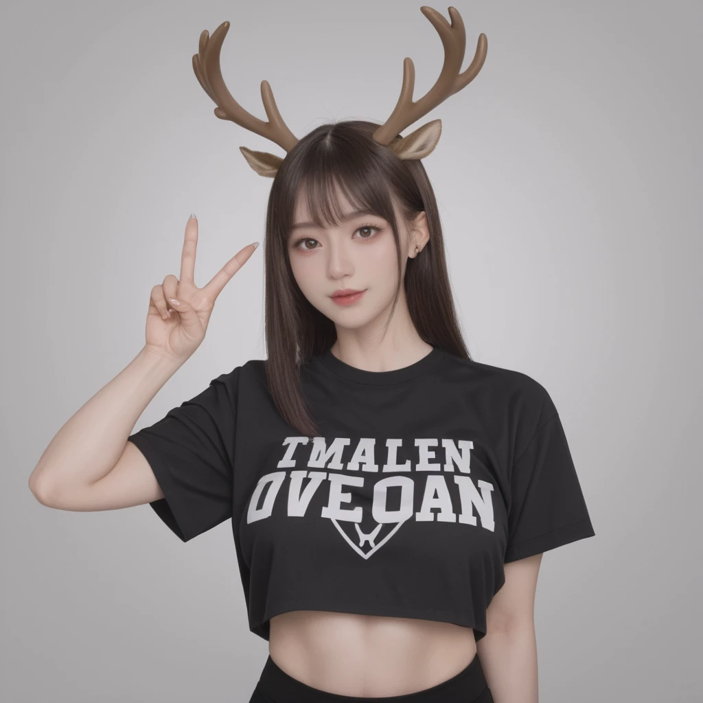 realistic,score_9, score_8_up, score_7_up,
1girl, stand, upper body, pantyhose, Graphic Tee, simple background, lob \(long bob\), big breasts, Give a V victory sign,under boob,Elk antlers