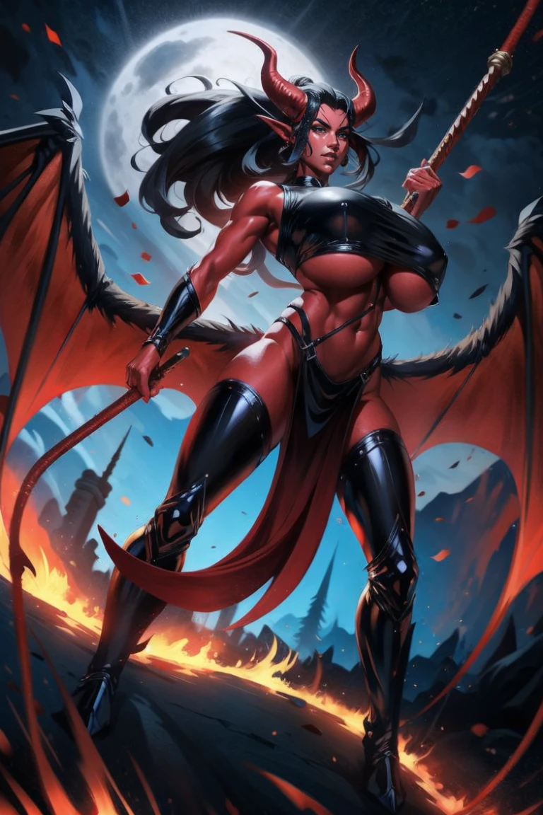 Red skin succubus tiefling, digitigrade legs, full breasts, medium breasts, black horns, wings, huge tail, black leather, crop top, long flowing pelvic curtain, tall, toned, graceful, thin, long black ponytail. Action scene, whip. Dark scene, explosions, night sky.