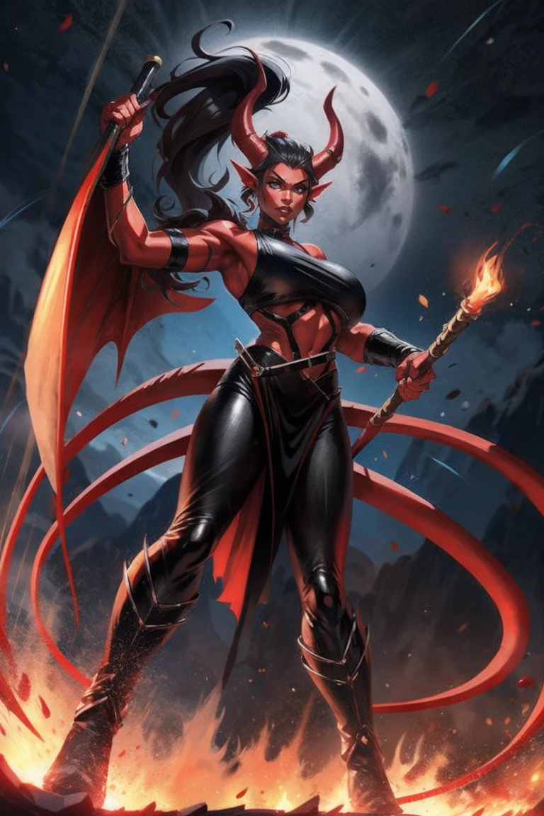 Red skin succubus tiefling, digitigrade legs, full breasts, medium breasts, black horns, wings, huge tail, black leather, crop top, long flowing pelvic curtain, tall, toned, graceful, thin, long black ponytail. Action scene, whip. Dark scene, explosions, night sky.