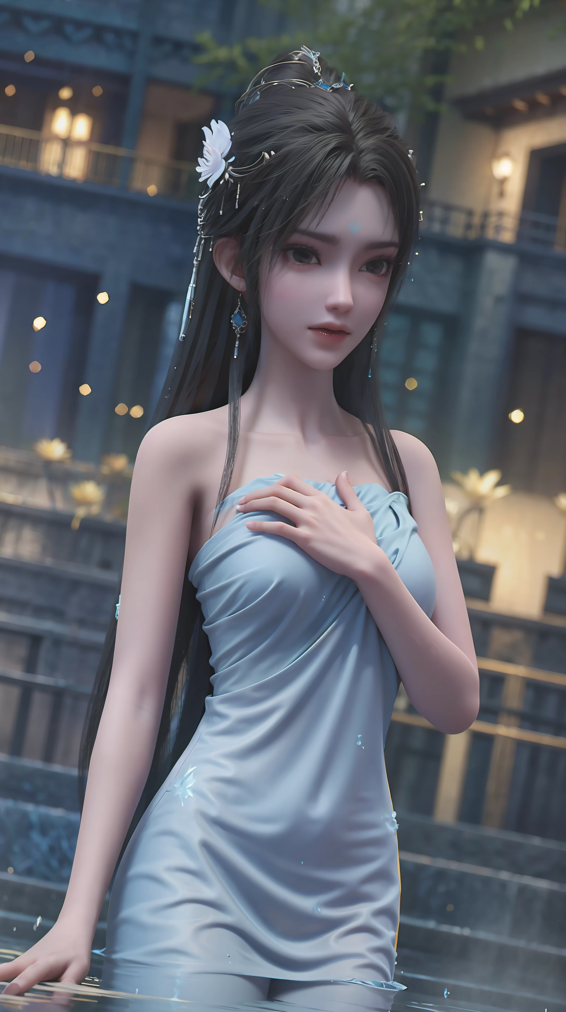 A girl bathing in water,Showering above the shoulders while bathing in water,No clothes,Hold your hands to your chest,Cover your chest with your hands,Blue glowing lotus flowers on the water