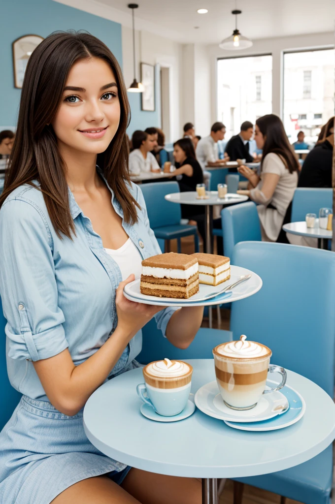Realistic girl sitting in a light blue and white cafe, with a coffee and a dessert on your table