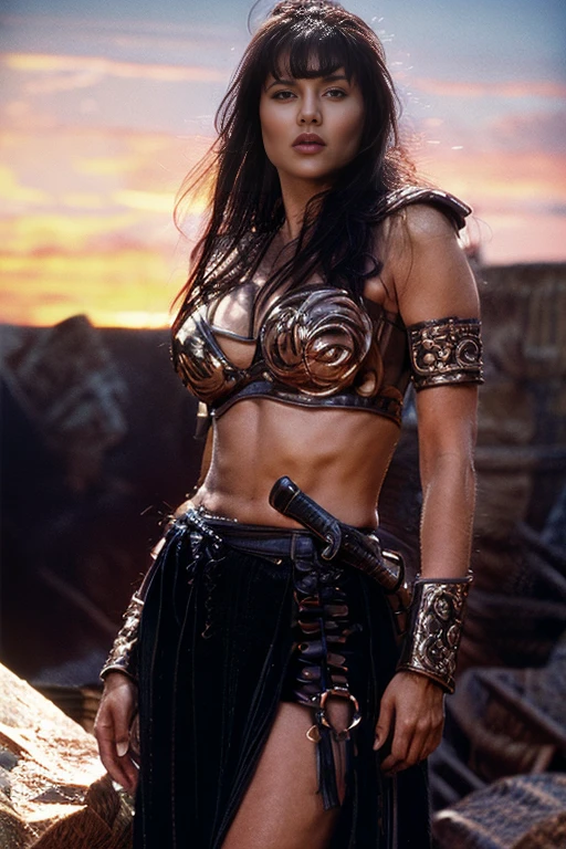Xena: Warrior Princess, in the Desert, photo realistic image. long beautiful legs, amazingly perfect body, showing lots of tantalizing skin, super model status, perfect cleavage, perfect breasts, exquisite, intricate in detail beautiful dark eyes, desert background, cinematic shot, sundown silhouette, encompassing, fierce ,savage , and sultry, award winning image 8k 3d octane render, best possible lighting and professional photography