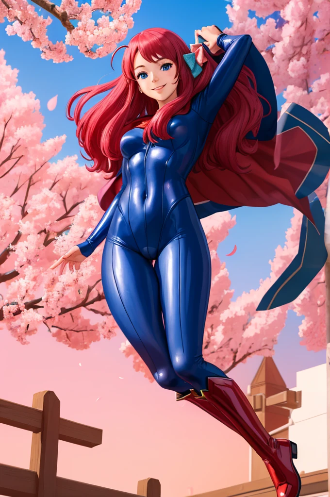 masterpiece, best quality:1.2), 1girl, smile, looking at viewer, blue eyes, sakura minamoto, hair bow, ahoge, dressed as superwoman, full bodysuit, blue catsuit, boots, red cloak cape, standing under cherry blossoms