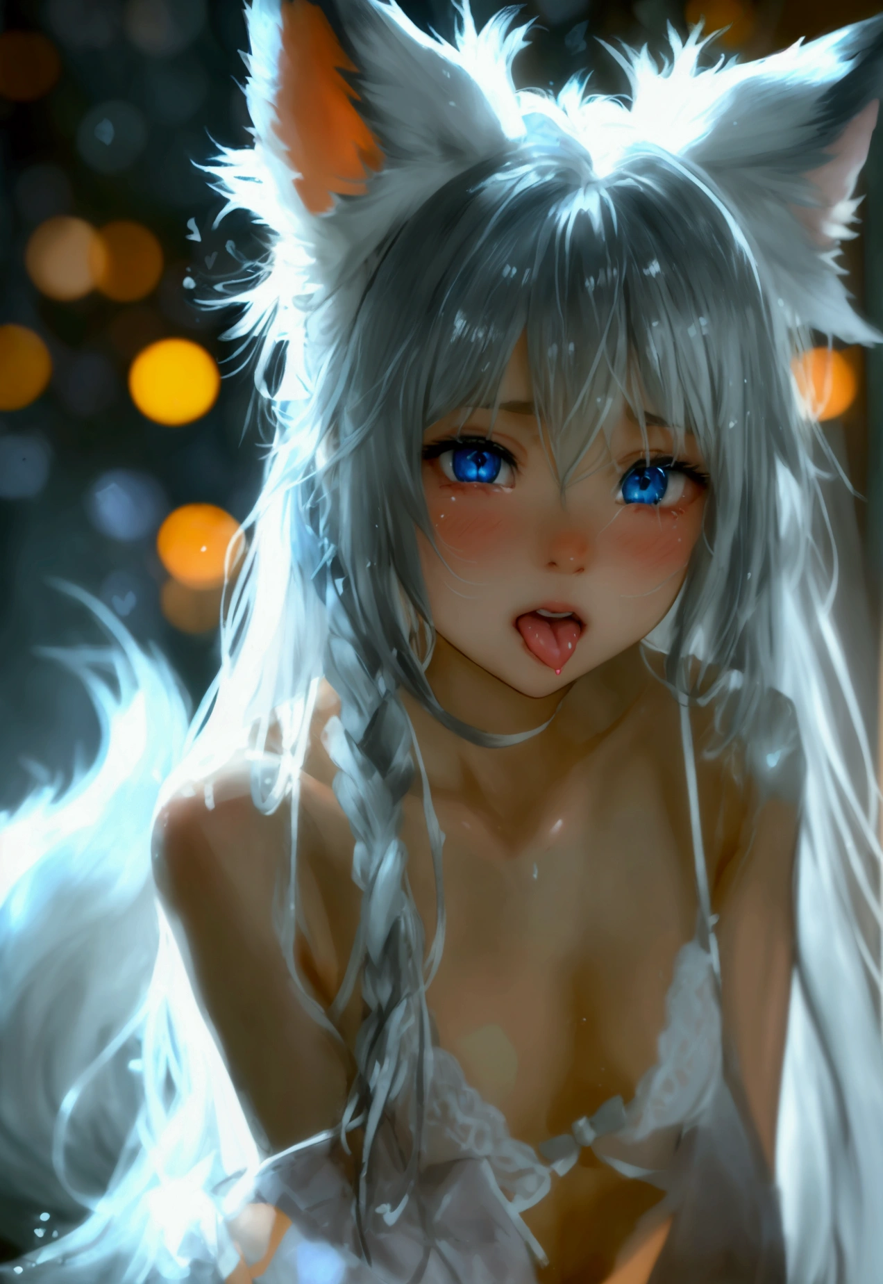 Juvenile , cute, silver long hair, dull hair, ponytail, blue eyes, looking at the light in both hands, a hint of laughter, fox ears, nine fox tails, white silk, high resolution, blush, heart-shaped pupils, heart-shaped, , cute, dripping face, sticking out tongue, lingerie, whole body  