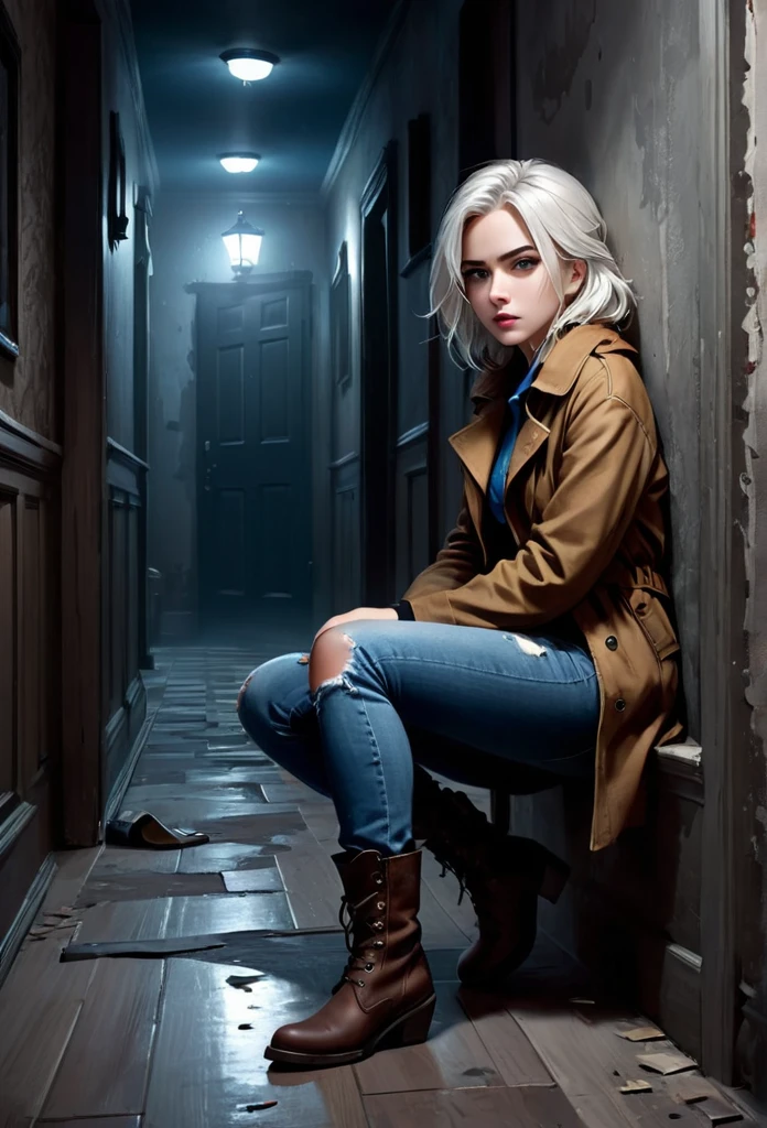 ((Suspense scenes ((concept-art)), Detail of a girl wearing blue jeans, and brown coat and boots.)), (better lighting, better shade, extremely fragile and scary), (Digital illustration), ((4K painting)), [(dynamic angle,((1 girl)),White hair, (pretty  face, s the perfect face, Scared,) Fearful expression, Torn clothes, holding a gun in her hand, sitting down on the floor, darkness, Horrible house),  [:(dark, mistic, Game painting, sinister environment, zigzag corridor, Big house, Deathly silence):]