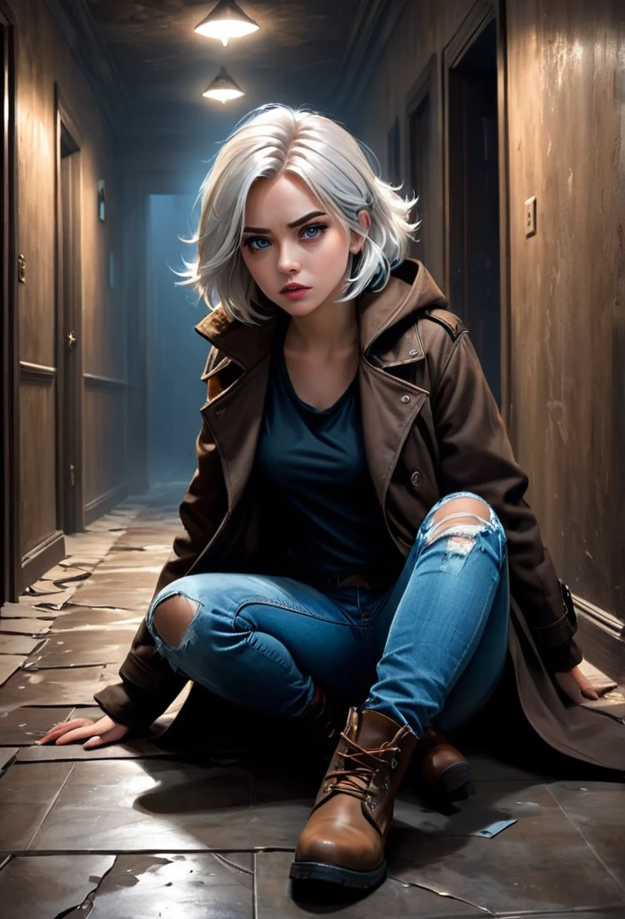 ((Suspense scenes ((concept-art)), Detail of a girl wearing blue jeans, and brown coat and boots.)), (better lighting, better shade, extremely fragile and scary), (Digital illustration), ((4K painting)), [(dynamic angle,((1 girl)),White hair, (pretty  face, s the perfect face, Scared,) Fearful expression, Torn clothes, holding a gun in her hand, sitting down on the floor, darkness, Horrible house),  [:(dark, mistic, Game painting, sinister environment, zigzag corridor, Big house, Deathly silence):]