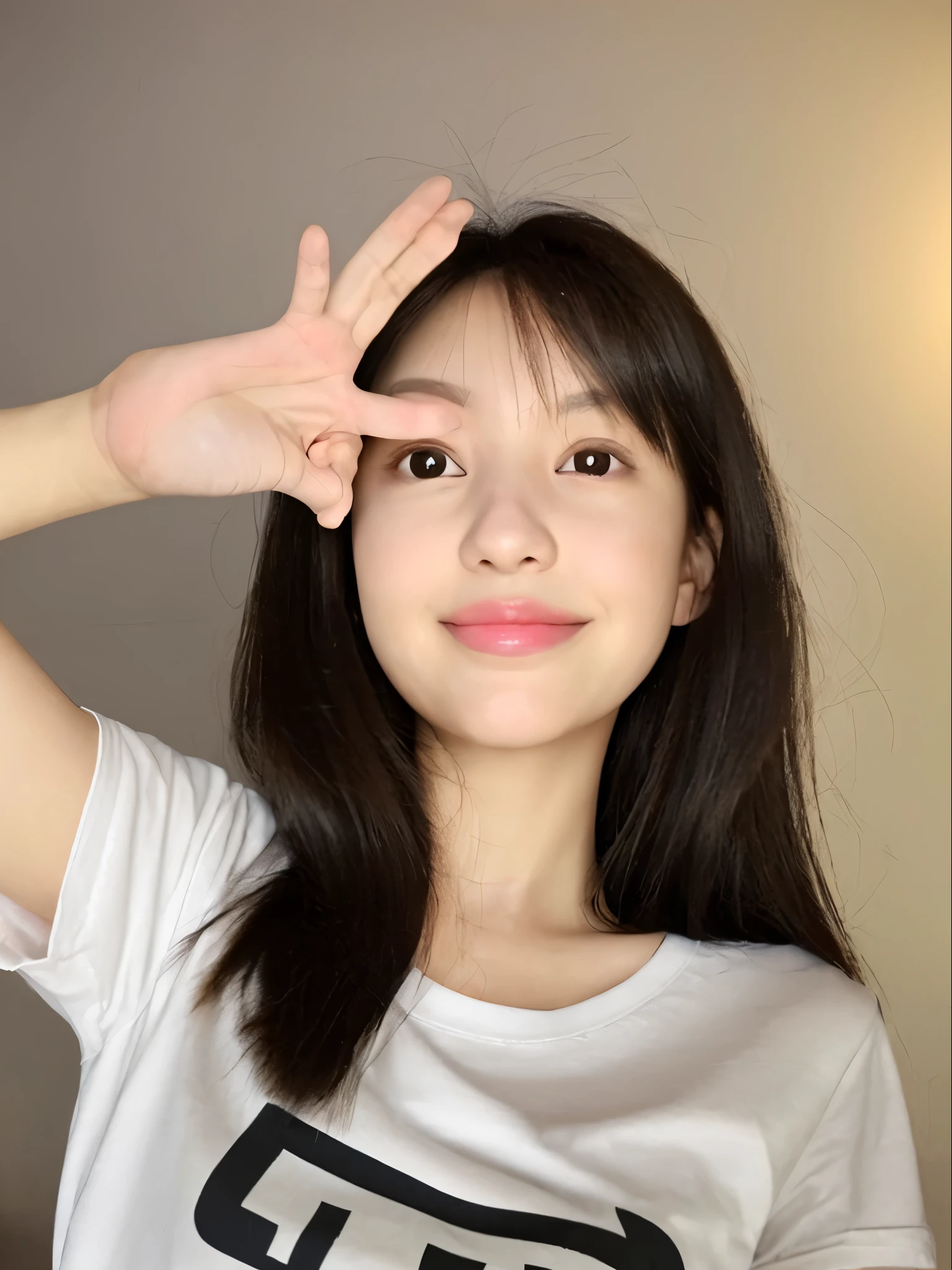 depicts a girl in a 2 finger pose, depicting it realistically in 3D. Big head. A 23 year old girl from Korea. Beautiful face. Oval face shape. Big nose. Oblong chin. The eyes are slightly round. Fair skin. Slight smile. Pink lips. Black hair, slightly brownish. Wearing a t-shirt. Body position is clearly visible. Bedroom background. Use soft photographic lighting with a hair lamp. Edge light. and top lights. Photos with very high detail.